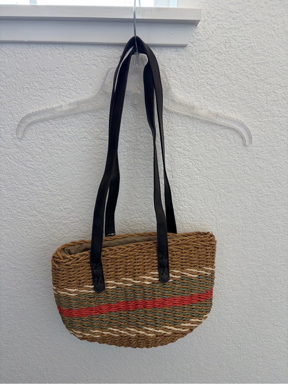 Woven Straw Tote with Black Straps - Brown with Red & Green Stripes